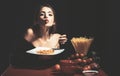 Sensual woman eat spaghetti. Italian girl eats spaghetti pasta.
