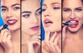 Sensual women with different color lipsticks, closeup.