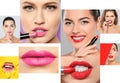 Sensual women with different color lipsticks on white background.