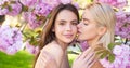 Sensual woman spring outdoor portrait banner. Portrait of a two beautiful spring girls. Two young women relaxing in Royalty Free Stock Photo