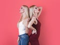 Sensual women twins, friends with bright makeup. Fashion woman girl with blonde hair.