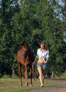 Sensual young beauty country girl walks with horse