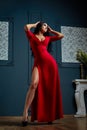Sensual young woman in red dress. Studio shot of a girl with long dark hair. Royalty Free Stock Photo