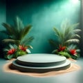 Sunny Oasis Circular Metal Podium with Palm Leaves and Sand Texture Royalty Free Stock Photo