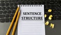 SENTENCE STRUCTURE - words in a white notepad on the background of a laptop with pencils