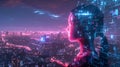 Sentient Assistant with Glowing Holographic Interface in Futuristic Cityscape