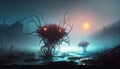 Sentient extraterrestrial plants with tentacles and glowing eyes, living in the wetlands on a dark alien planet. Generative AI Royalty Free Stock Photo