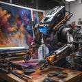 A sentient robot artist creating vibrant paintings with its own mechanical arms and brushes3 Royalty Free Stock Photo