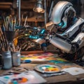 A sentient robot artist creating vibrant paintings with its own mechanical arms and brushes2 Royalty Free Stock Photo