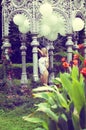 Sentiment. Beautiful Relaxed Blonde holding Air Balloons in the Garden