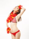 Sentimentality. Relax. Asian woman in Red Swimming Suit in Reverie. Origami Flowers Royalty Free Stock Photo