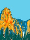 Sentinel Falls and the Giant Monolith Sentinel Rock Residing Within Yosemite National Park California USA WPA Poster Art