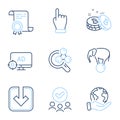 Seo adblock, Bitcoin and Chemistry lab icons set. Load document, Click hand and Elephant on ball signs. Vector