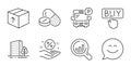 Seo analysis, Loan percent and Bus parking icons set. Smile chat, Buying and Medical drugs signs. Vector