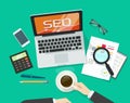 SEO analytics concept on workdesk vector, search engine optimization research