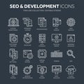 Seo and app development. Search engine optimization. Internet, e-commerce.Thin line blue web icon set. Outline icons Royalty Free Stock Photo