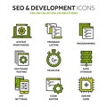 Seo and app development. Search engine optimization. Internet, e-commerce.Thin line blue web icon set. Outline icons Royalty Free Stock Photo