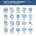 Seo and app development. Search engine optimization. Internet, e-commerce.Thin line blue web icon set. Outline icons Royalty Free Stock Photo