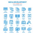 Seo and app development. Search engine optimization. Internet, e-commerce.Thin line blue web icon set. Outline icons Royalty Free Stock Photo