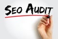 Seo Audit - process of analyzing how well your web presence relates to best practices, text concept background