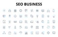 Seo business linear icons set. Optimization, Keywords, Rankings, Traffic, Strategy, Research, Analytics vector symbols