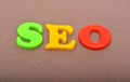 SEO colorful words on wood background