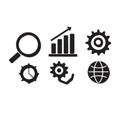 Seo concept with gear, global, magnifying glass, graph and chart black vector icon Royalty Free Stock Photo