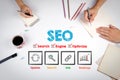 SEO Concept. The meeting at the white office table Royalty Free Stock Photo