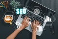 SEO Concept, Search Engine Optimization, Woman hand using laptop computerwith VR screen seo icon, concept for promoting ranking Royalty Free Stock Photo
