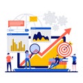 SEO concept with tiny character. Keyword optimization, research and analysis flat vector illustration. Website promotion, online