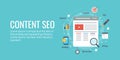 Seo for content marketing, content optimization. Flat design vector banner. Royalty Free Stock Photo