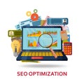 SEO content optimization background. Laptop with infographic elements and abstract contents