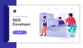 Seo developer concept 3d isometric web banner with people scene
