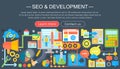 SEO and development concept design infographics template design, web header seo icons elements. Vector illustration. Royalty Free Stock Photo