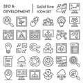 Seo and development line icon set, computing symbols collection, vector sketches, logo illustrations, optimization signs