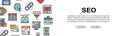 SEO horizontal icon banner design. Bookmark, Hosting, Hyperlink, Advertisement, Data Transfer promotion illustration for