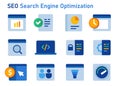 SEO icon search engine optimization graphic set of website analytics report user visitor data and keyword meta tag code