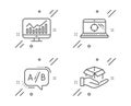 Seo laptop, Ab testing and Statistics icons set. Hold box sign. Search engine, Test chat, Financial report. Vector