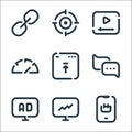 Seo line icons. linear set. quality vector line set such as ecommerce, statistics, advertising, chat, upload, speedometer, video,