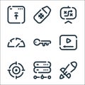 Seo line icons. linear set. quality vector line set such as rocket, server, target, video, keyword, speedometer, strategy, hastag Royalty Free Stock Photo