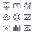 seo line icons. linear set. quality vector line set such as speed test, stats, camera, stats, internet, upload, chart, star