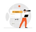 SEO marketing concept. Browser search page, search results, key, code. looking for information in bar, surfing network.