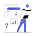 SEO marketing concept. Browser search page, search results, key, code. looking for information in bar, surfing network. Vector