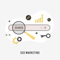SEO marketing concept with search bar, magnifier, chart, graph and key symbolizing use of SEO as digital marketing