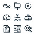 Seo marketing line icons. linear set. quality vector line set such as keyword, server, report, server, server, dashboard, scope