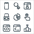 Seo marketing line icons. linear set. quality vector line set such as podium, programming language, programming language, touch,