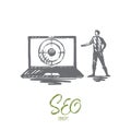 Seo, marketing, optimization, search, media concept. Hand drawn isolated vector.