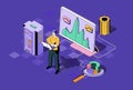 Seo optimization concept in 3d isometric design. Man analyze algorithms and statistic data, selects keywords and optimizes site