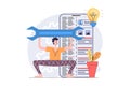 SEO optimization concept in modern flat design for web. Man analyzing search data, improving page traffic, brainstorming