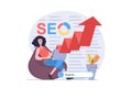 SEO optimization concept in modern flat design for web. Woman analyzing search data in arrow growth graph, making